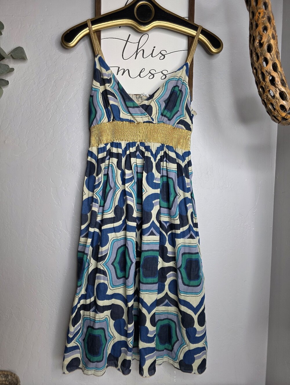 Vintage Derek Heart Green Blue Tile Print Cotton Dress Size Medium